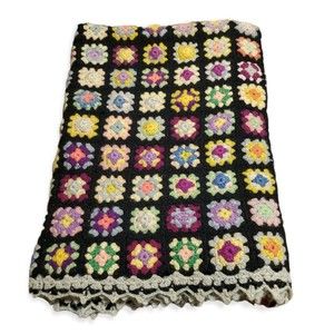 Vintage Handmade Mini Granny Square Afghan Black/Multicolor 42"x 62"